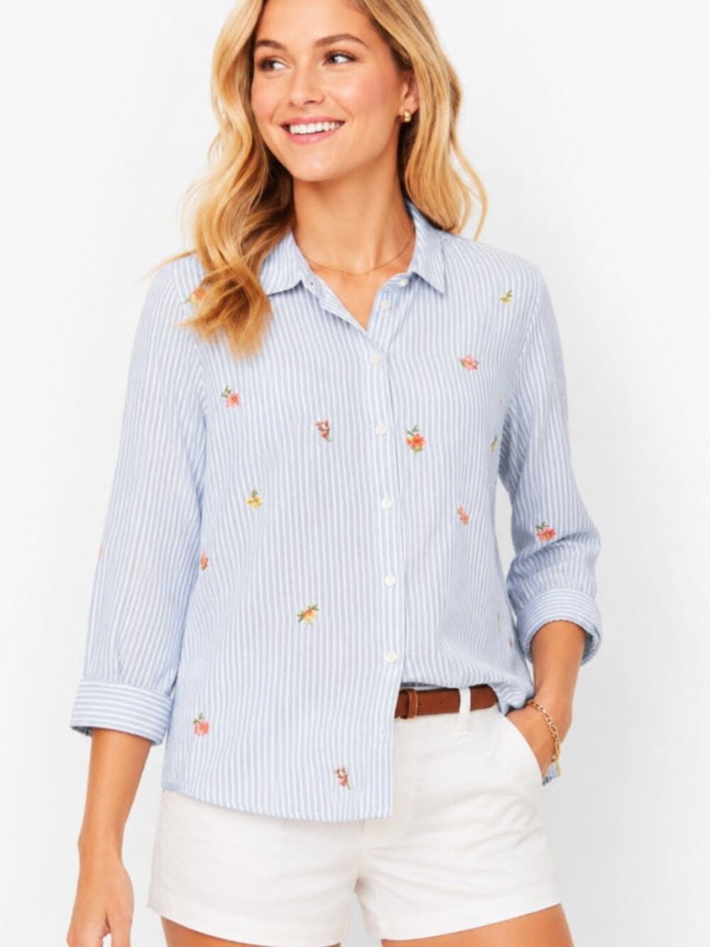 Jane & Delancey Blue Striped Floral Button Down Shirt Long Sleeve XL
